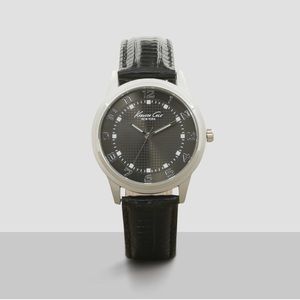 Kenneth Cole GUNMETAL GRID BLACK LEATHER STRAP